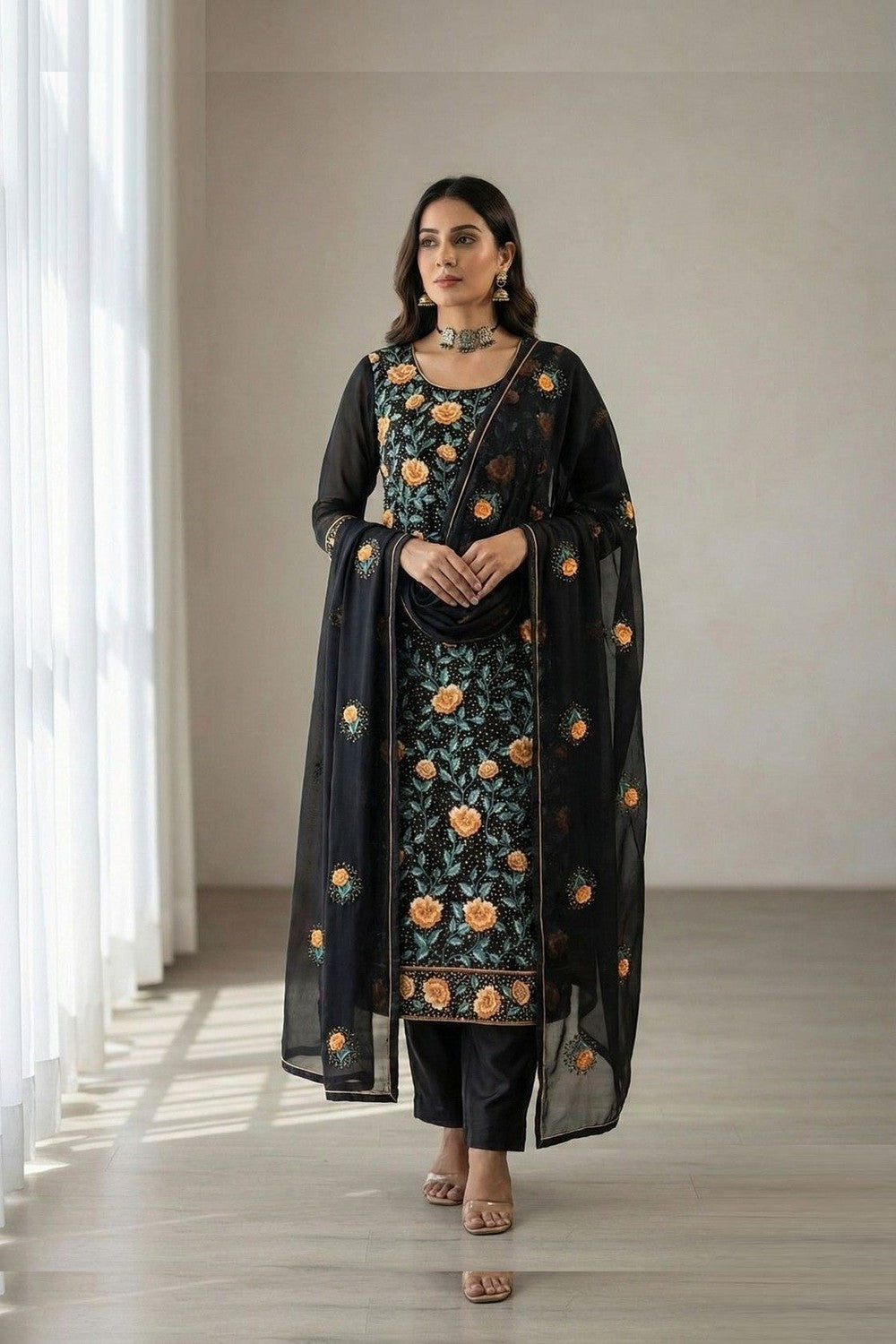 Black Georgette Embroidered Suit Set My Store