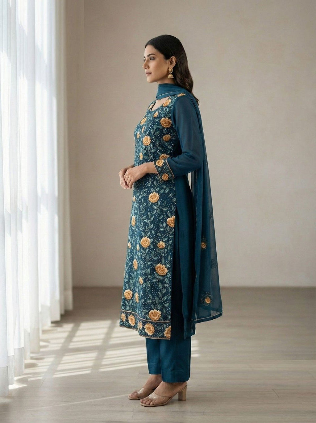 Blue Georgette Embroidered Suit Set My Store