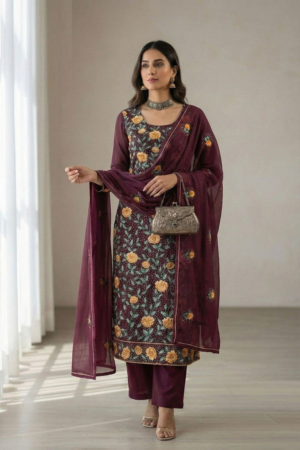 Wine Georgette Embroidered Suit Set My Store