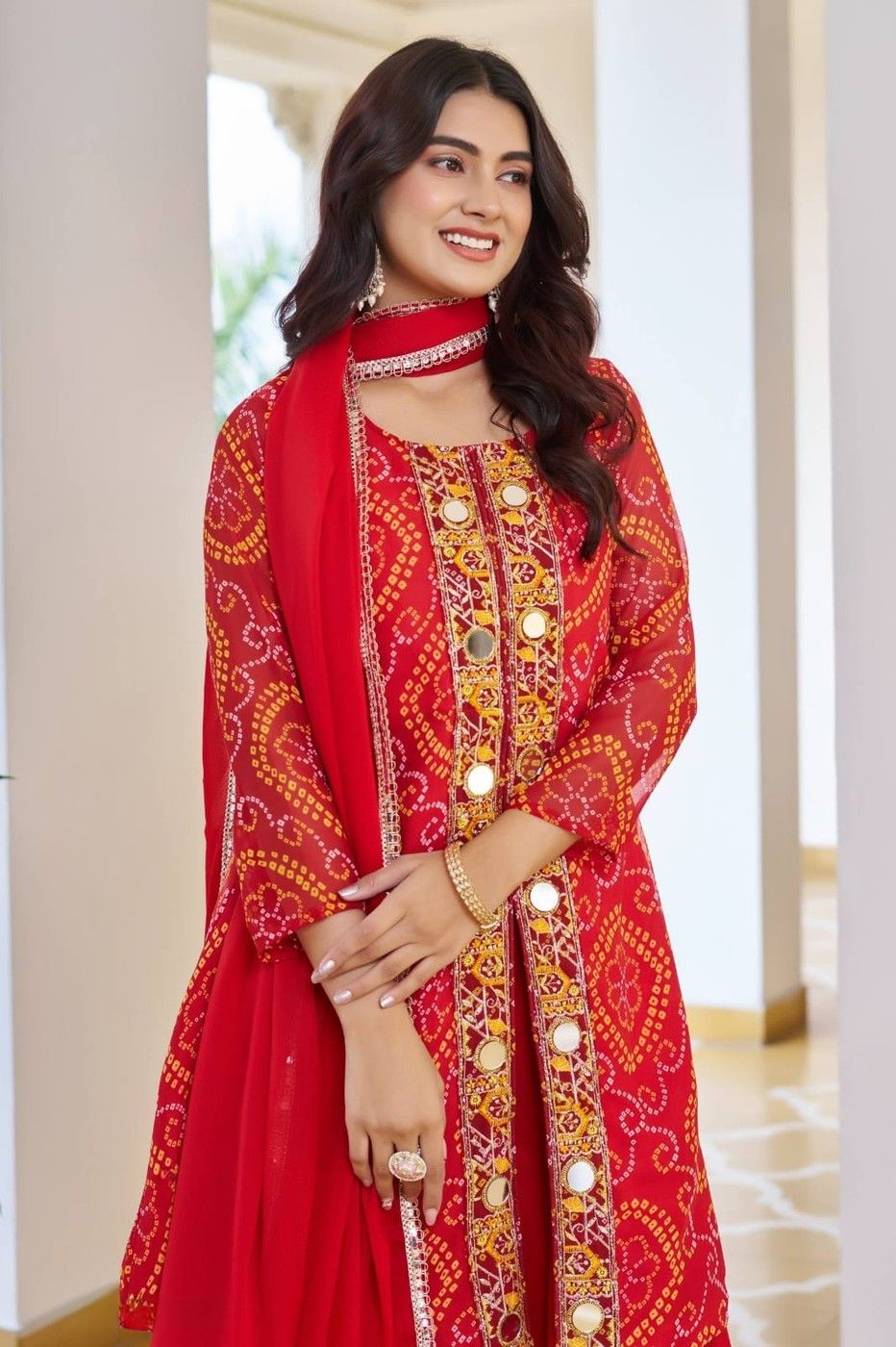 Classic Red Georgette Bandhani Print Suit Set My Store