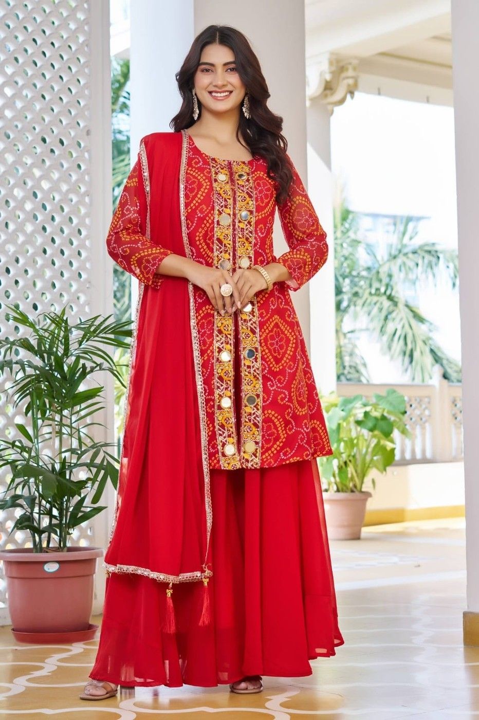 Classic Red Georgette Bandhani Print Suit Set My Store