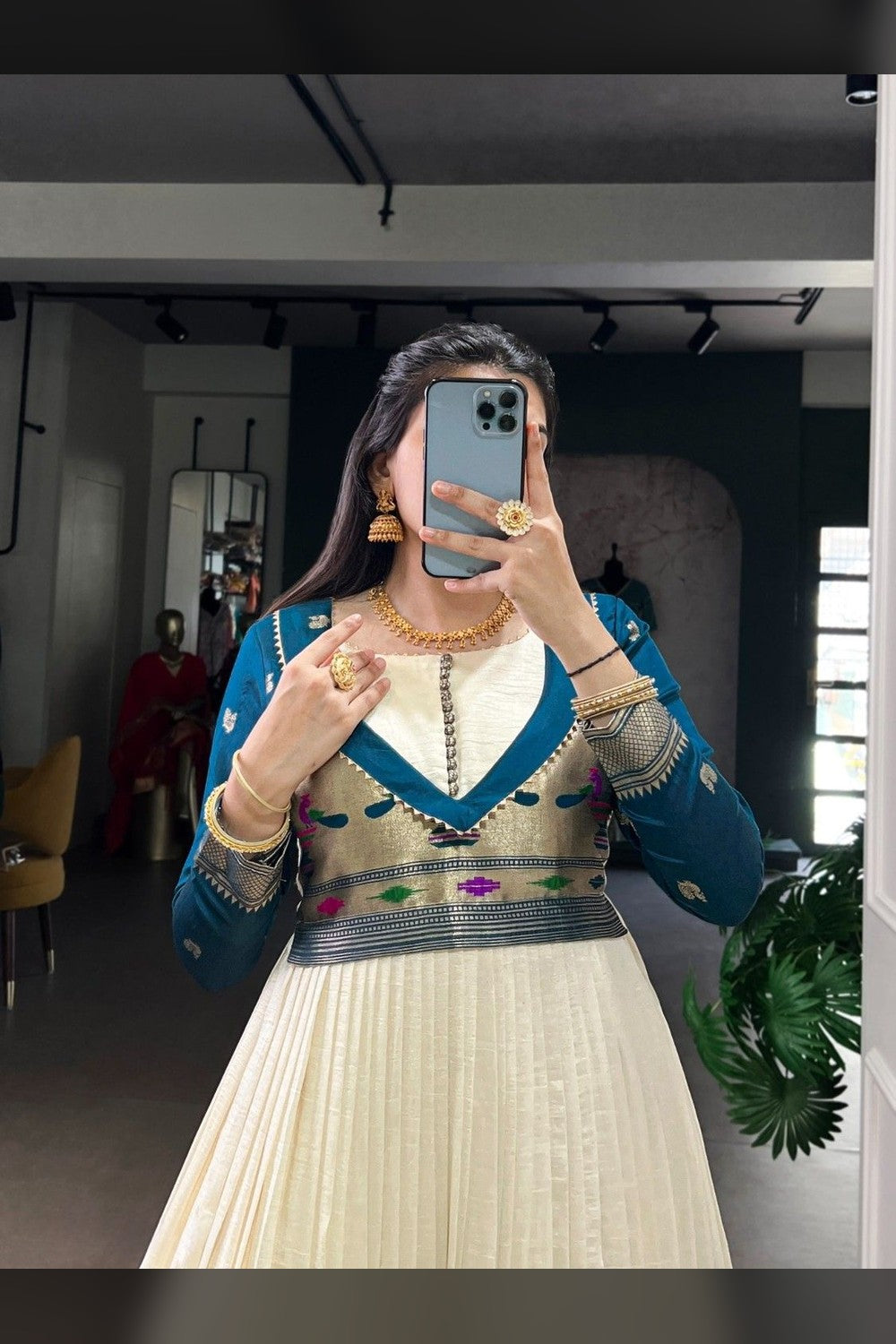 Off-White Viscose Poly Silk Embroidered Gowns