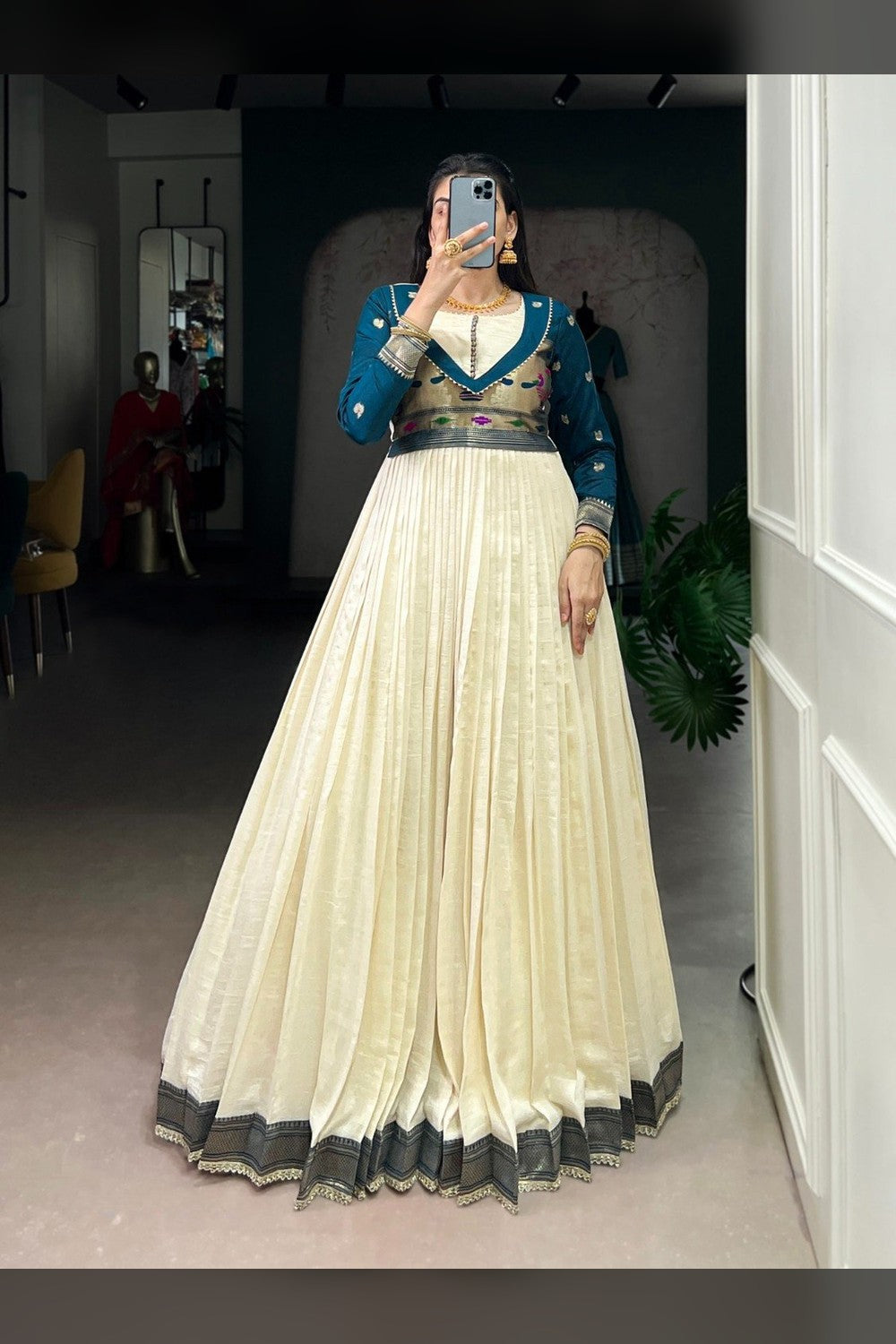 Off-White Viscose Poly Silk Embroidered Gowns