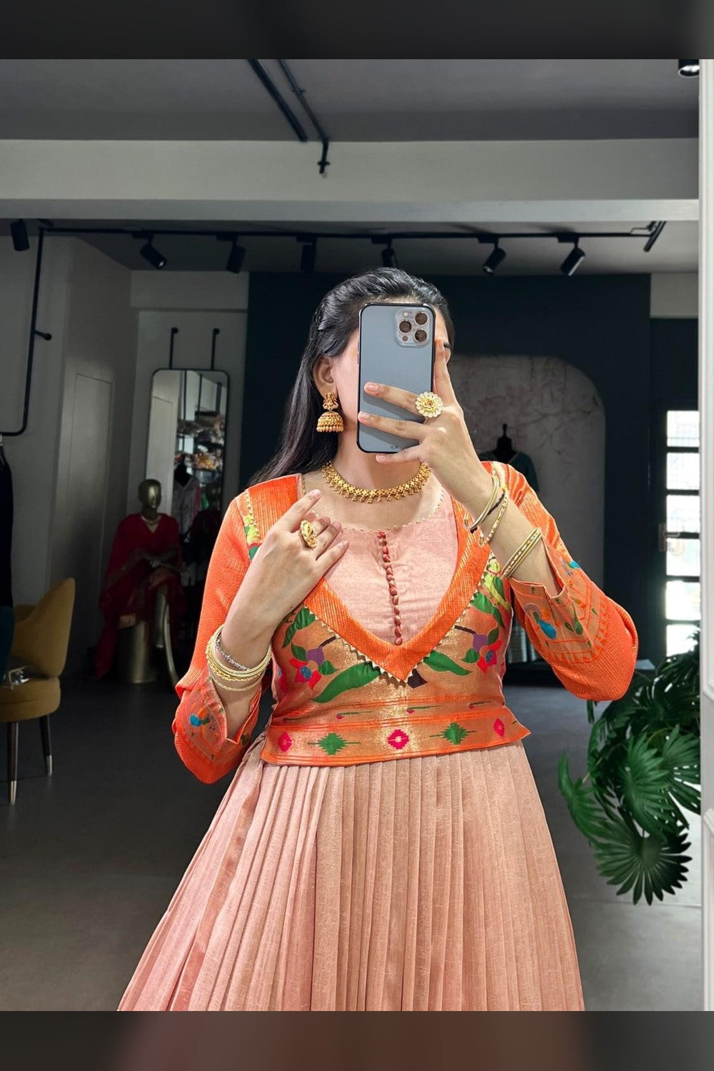 Peach Viscose Poly Silk Embroidered Gowns