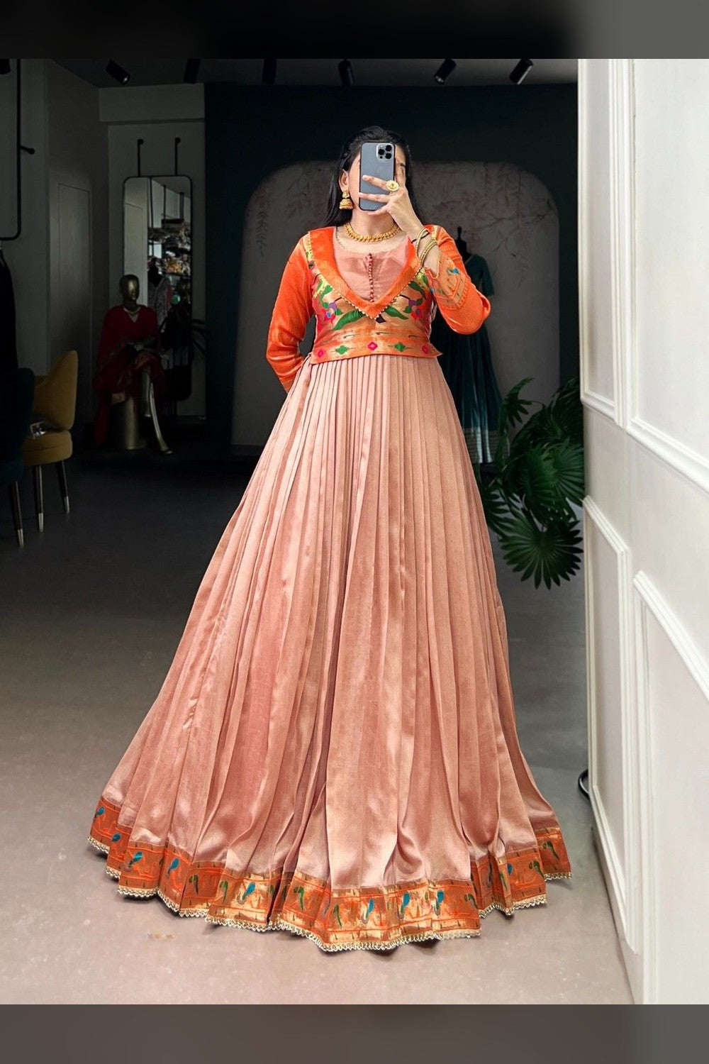 Peach Viscose Poly Silk Embroidered Gowns