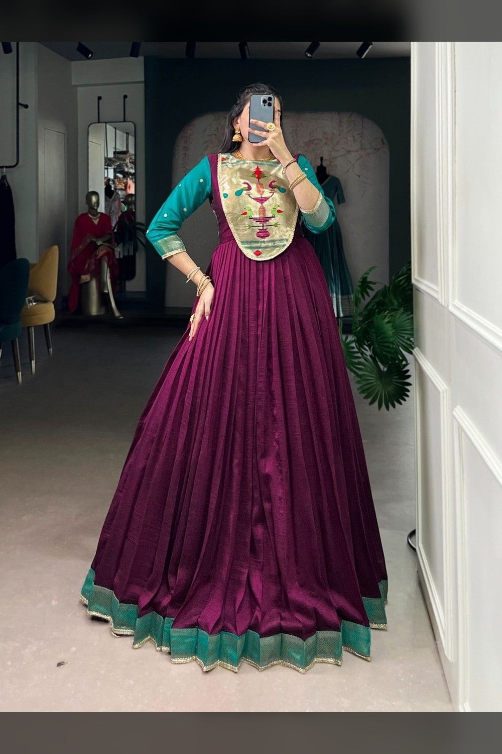 Wine Viscose Poly Silk Embroidered Gowns