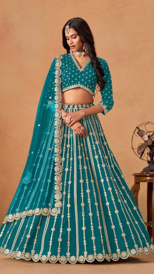 Polished Aqua Blue Art Silk Traditional Lehenga Choli – 60546-2053
