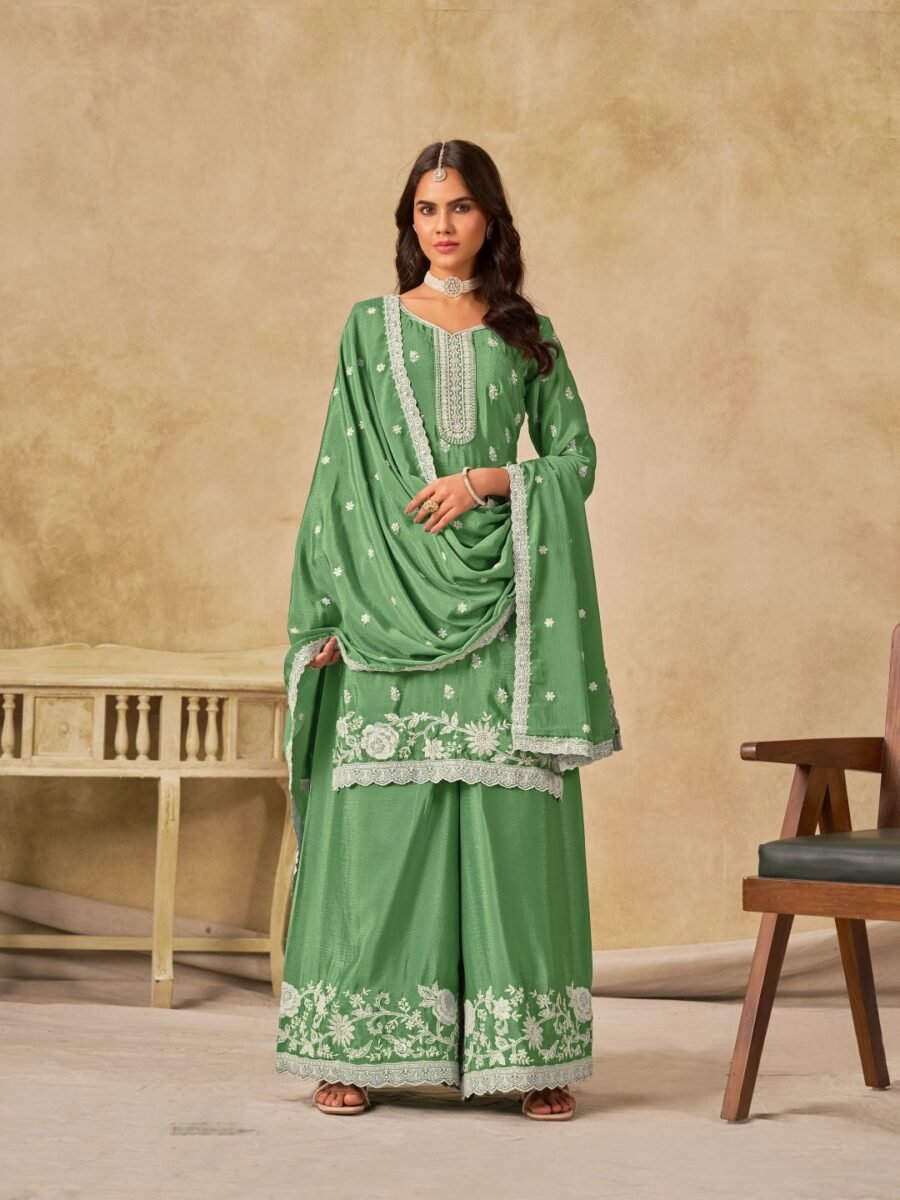 Timeless Green Chinon Palazzo Salwar Kameez – 61002-234-A
