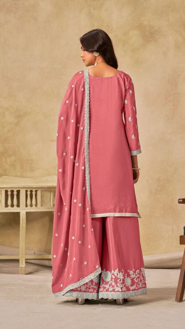 Enchanting Peach Chinon Palazzo Salwar Kameez – 61002-234-D
