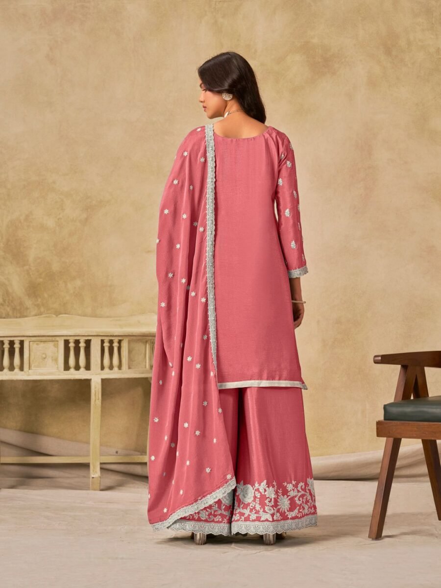 Enchanting Peach Chinon Palazzo Salwar Kameez – 61002-234-D
