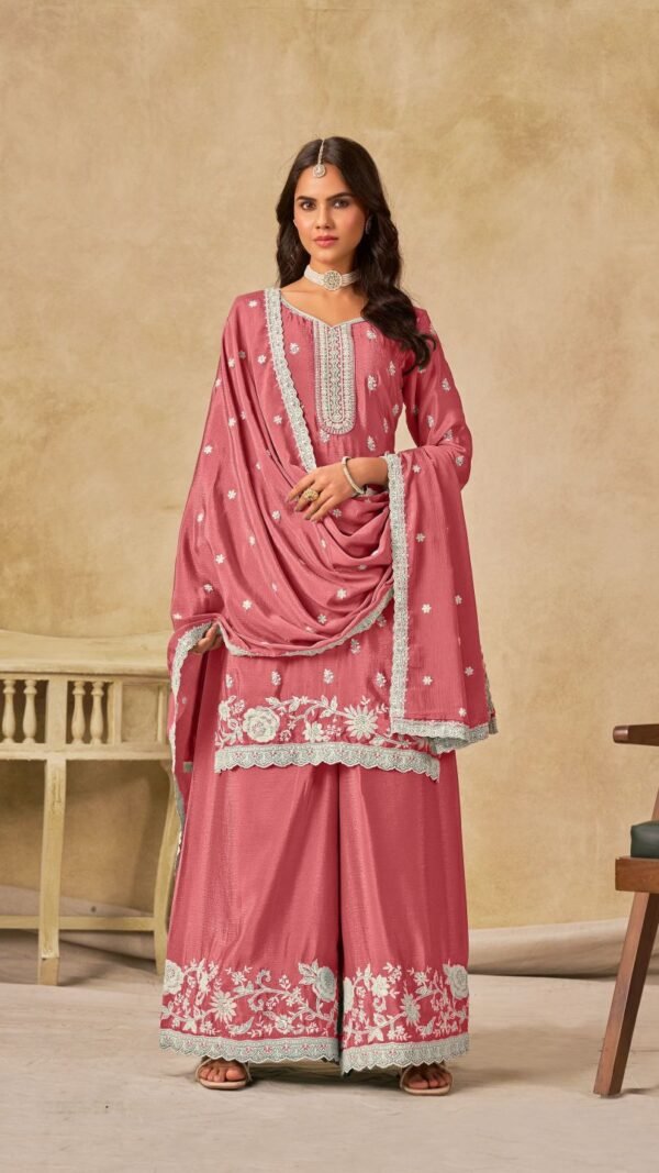 Enchanting Peach Chinon Palazzo Salwar Kameez – 61002-234-D