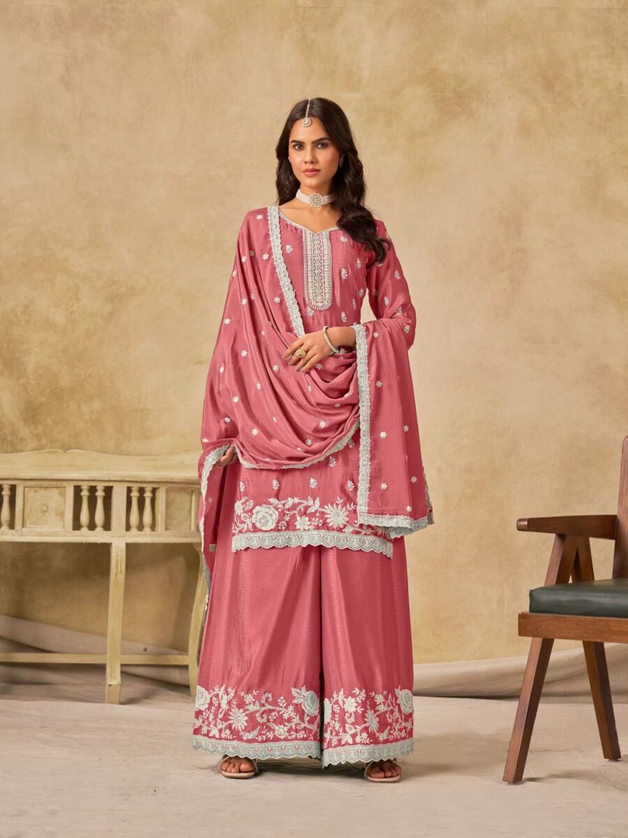 Enchanting Peach Chinon Palazzo Salwar Kameez – 61002-234-D