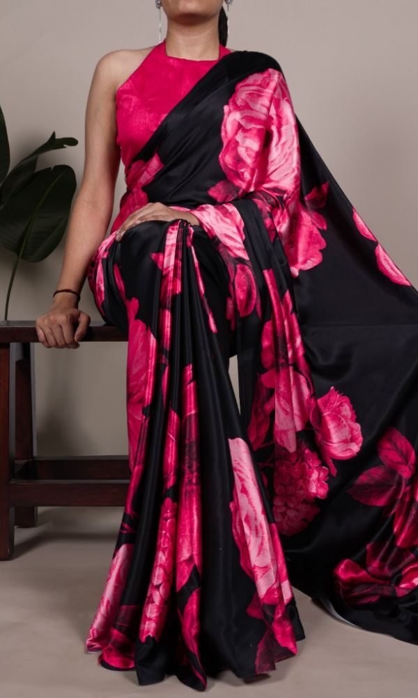 Gorgeous Black Satin Traditional Saree – 61149-7027 PNK
