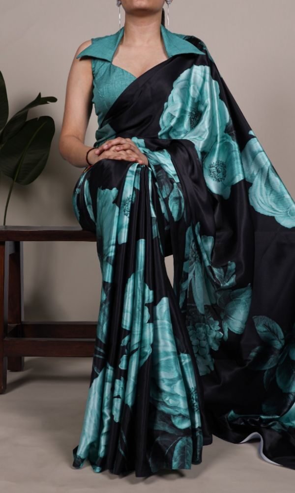 Graceful Black Satin Traditional Saree – 61149-7027 TEL