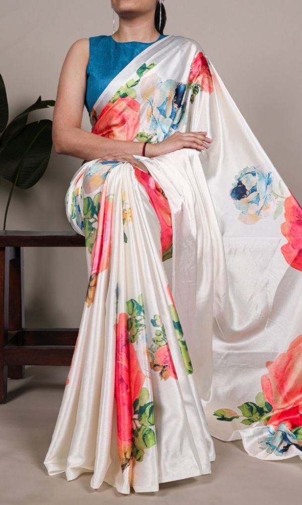 Trendy Off White Satin Traditional Saree – 61149-7027 WHT