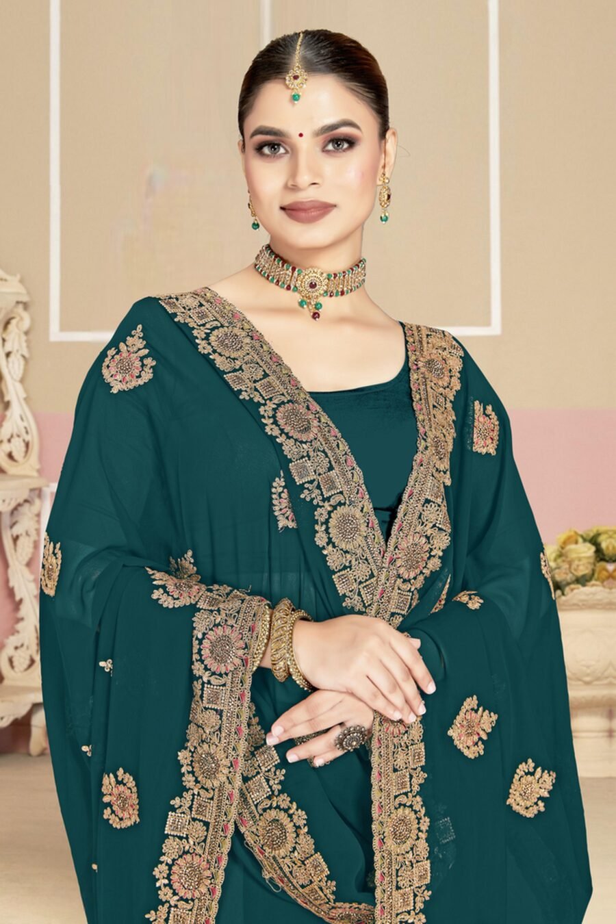 Dynamic Teal blue Georgette Classic Saree – 61229-2752 Dynamic Teal blue Georgette Classic Saree – 61229-2752