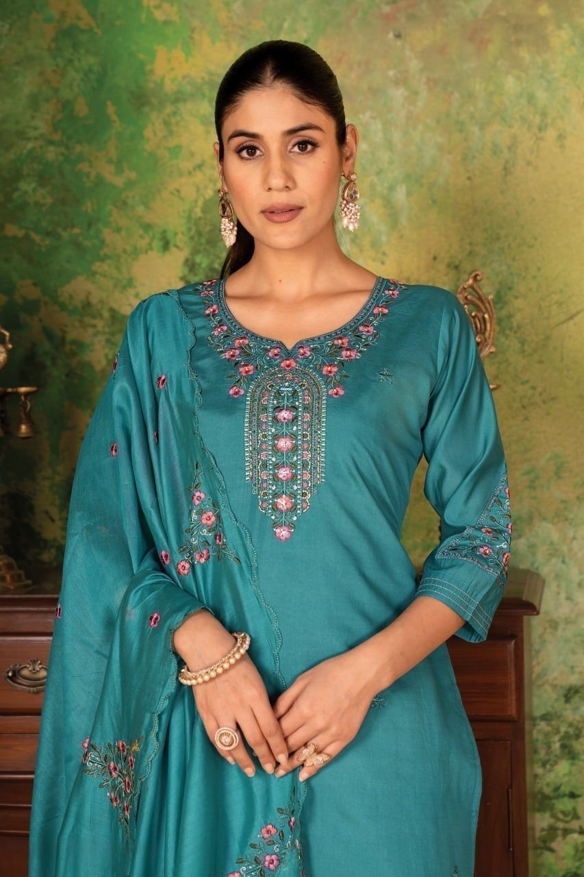 Flawless Blue Roman Silk Straight Salwar Kameez – 61247-MUSKAAN-A Flawless Blue Roman Silk Straight Salwar Kameez – 61247-MUSKAAN-A