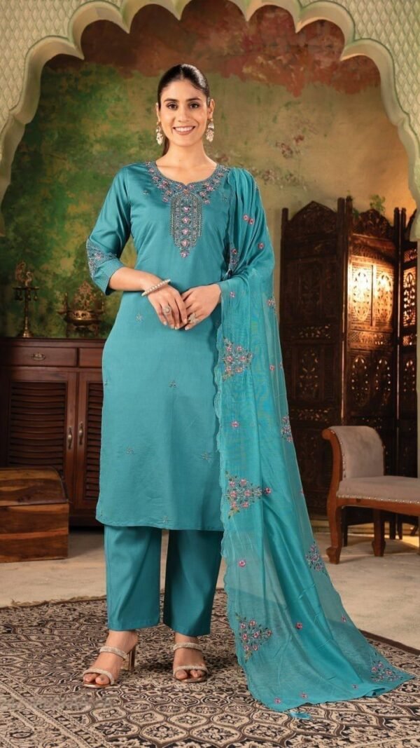 Flawless Blue Roman Silk Straight Salwar Kameez – 61247-MUSKAAN-A
