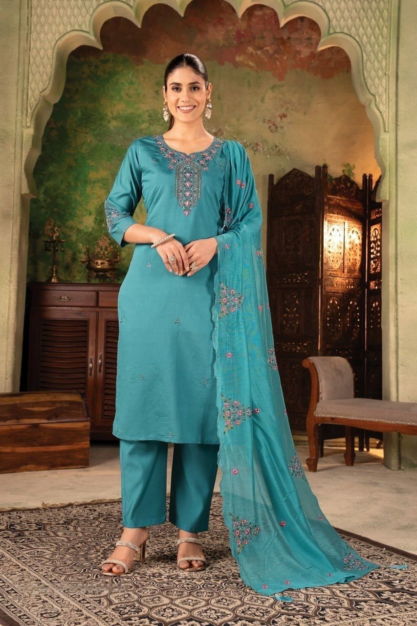 Flawless Blue Roman Silk Straight Salwar Kameez – 61247-MUSKAAN-A Flawless Blue Roman Silk Straight Salwar Kameez – 61247-MUSKAAN-A