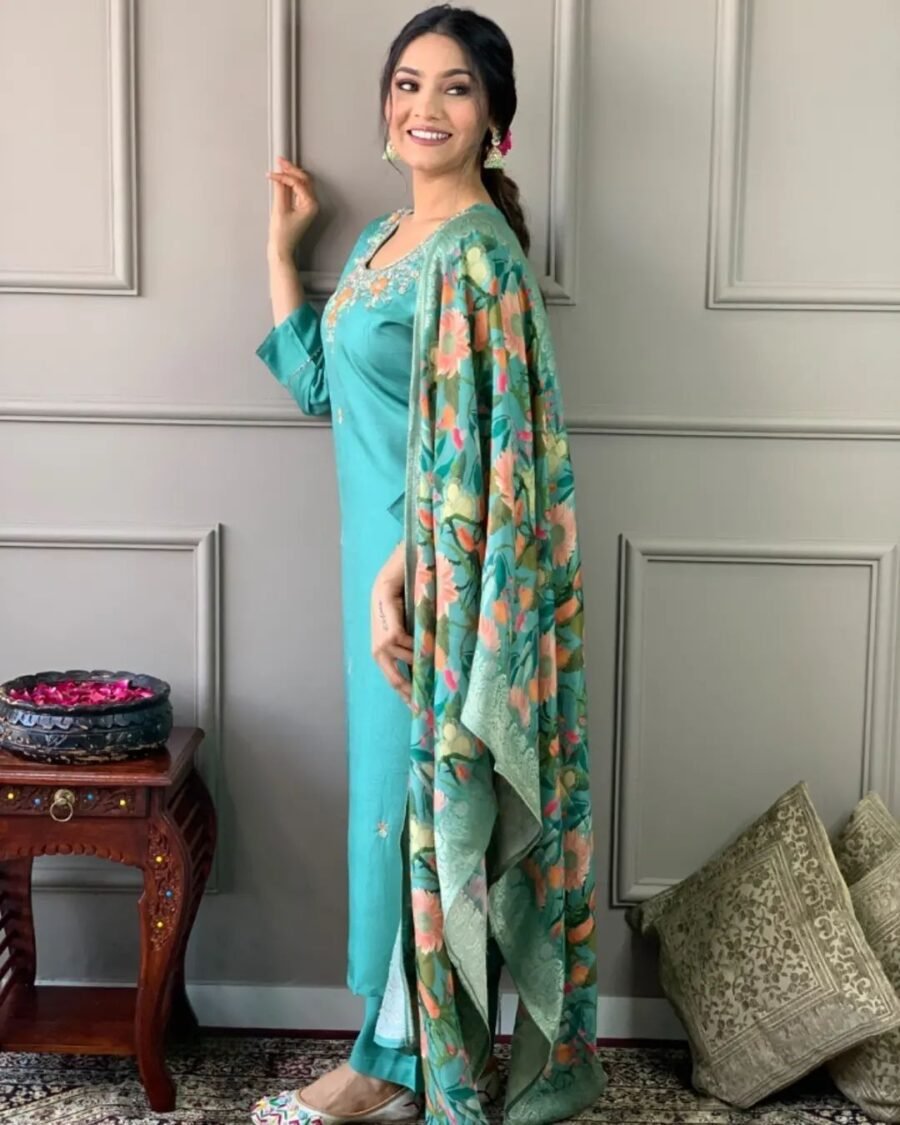 Chic Blue Silk Straight Salwar Kameez – 61253-5006