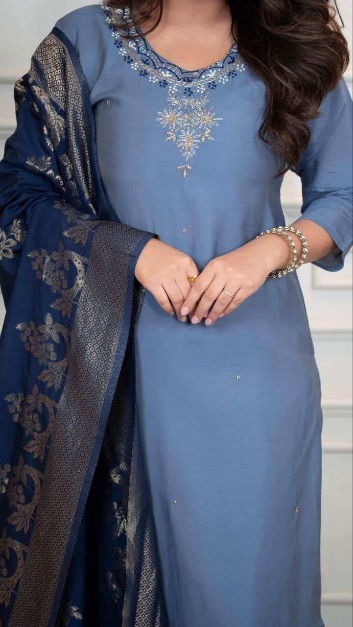 Stunning Grey Roman Silk Straight Salwar Kameez – 61255-381