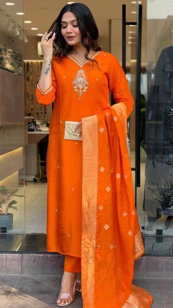 Lively Orange Silk Straight Salwar Kameez – 61256-5002-ORGANGE