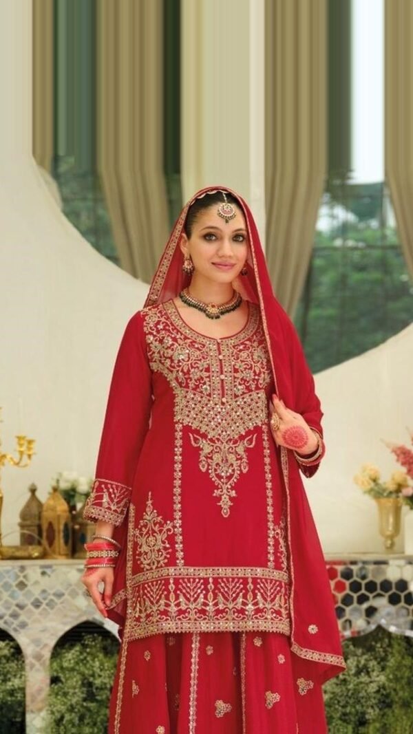 Dreamy Red Chinon Traditional Salwar Kameez – 61292-2181
