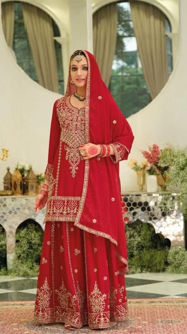 Dreamy Red Chinon Traditional Salwar Kameez – 61292-2181