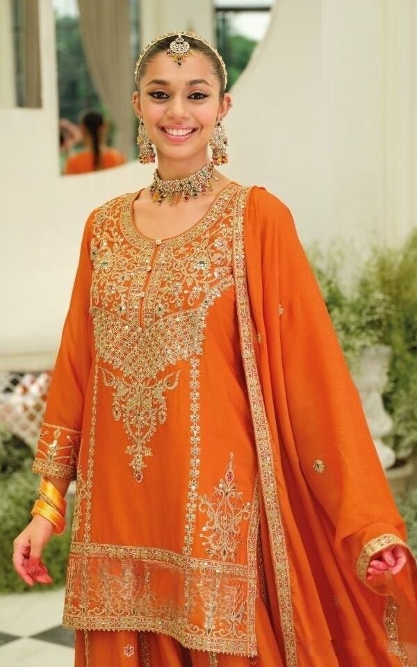 Sophisticated Orange Chinon Traditional Salwar Kameez – 61292-2182