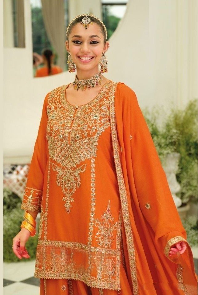 Sophisticated Orange Chinon Traditional Salwar Kameez – 61292-2182