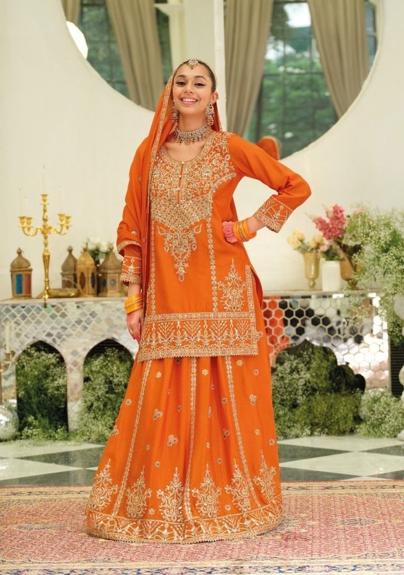 Sophisticated Orange Chinon Traditional Salwar Kameez – 61292-2182