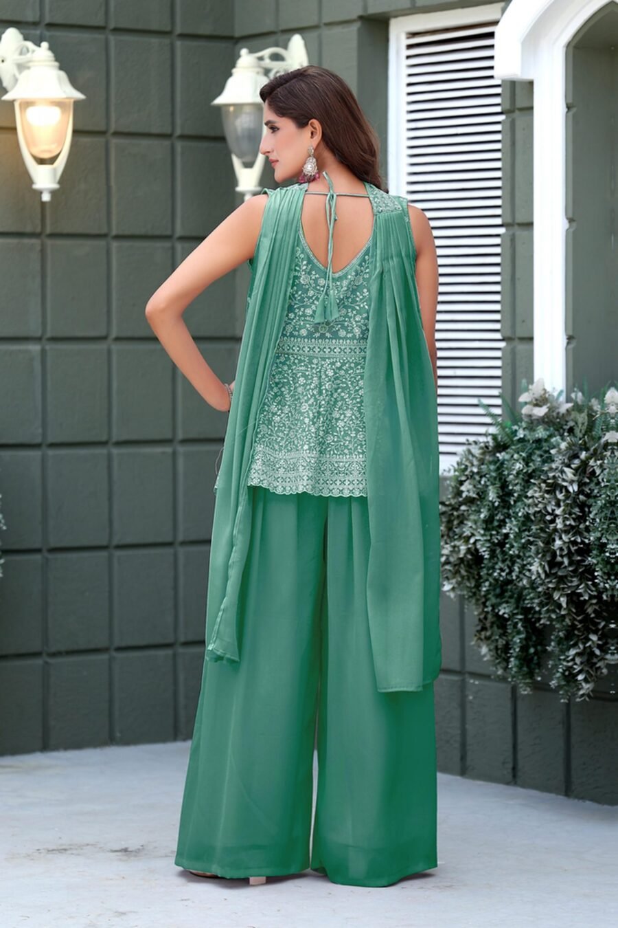 Unique Sea Green Georgette Palazzo Salwar Kameez – 61298-010-B