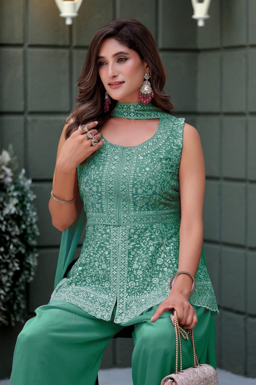 Unique Sea Green Georgette Palazzo Salwar Kameez – 61298-010-B