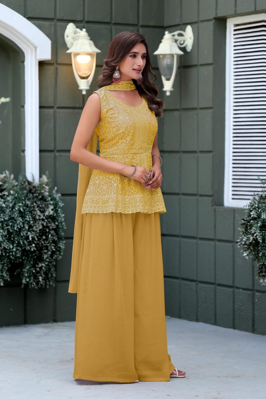 Delightful Yellow Georgette Palazzo Salwar Kameez – 61298-010-C