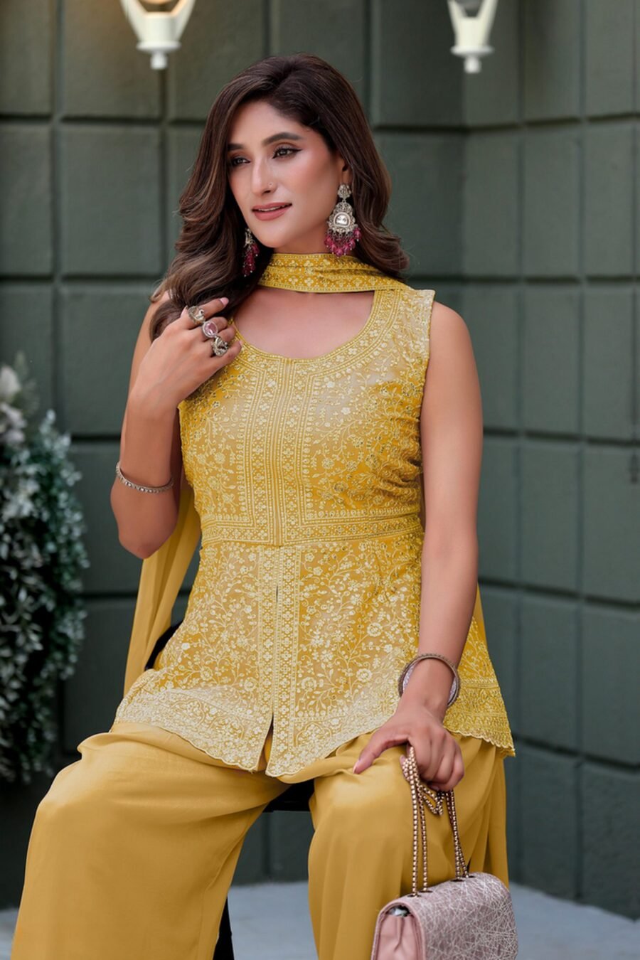 Delightful Yellow Georgette Palazzo Salwar Kameez – 61298-010-C