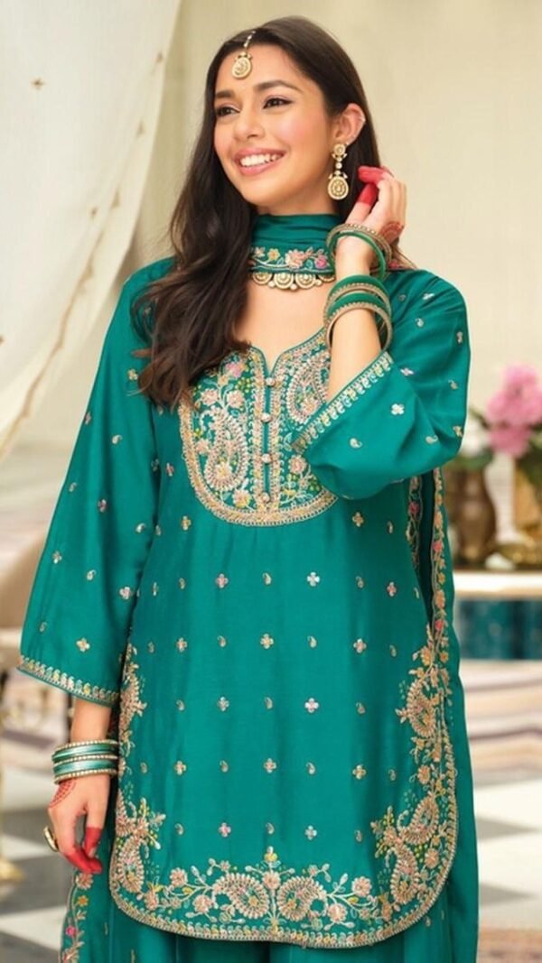 Fierce Teal Blue Chinon Palazzo Salwar Kameez – 61299-2161