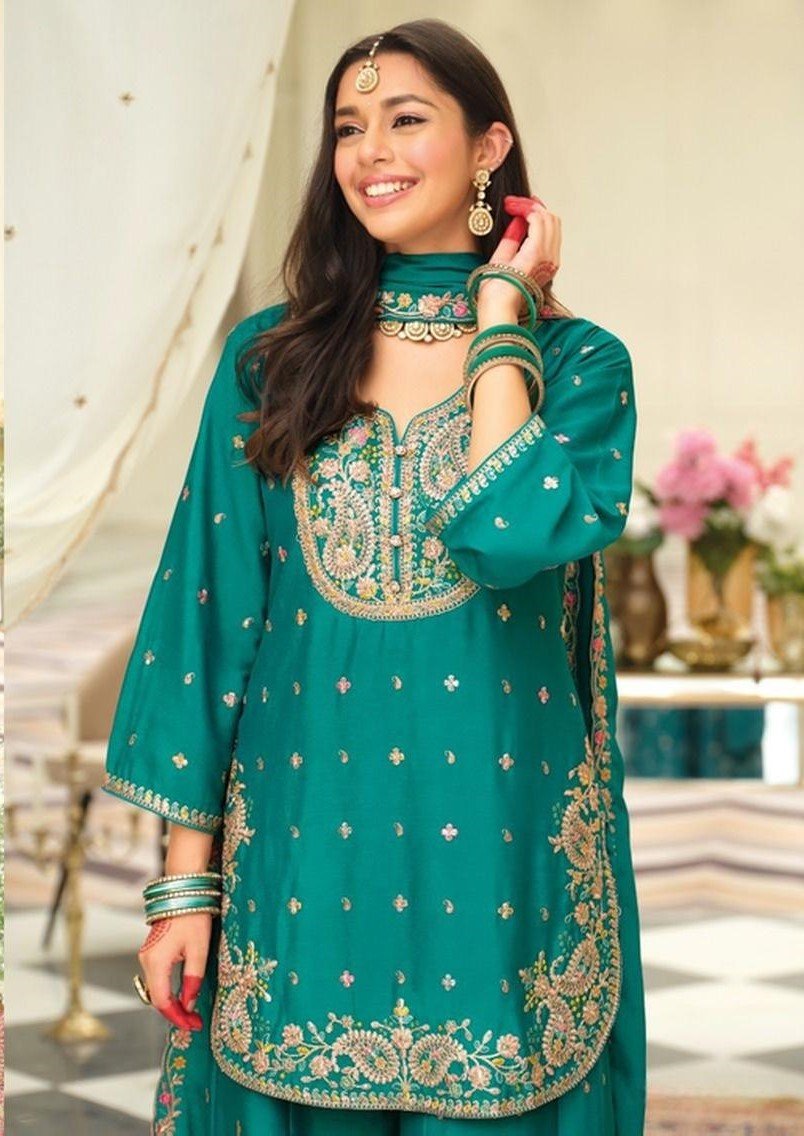 Fierce Teal Blue Chinon Palazzo Salwar Kameez – 61299-2161