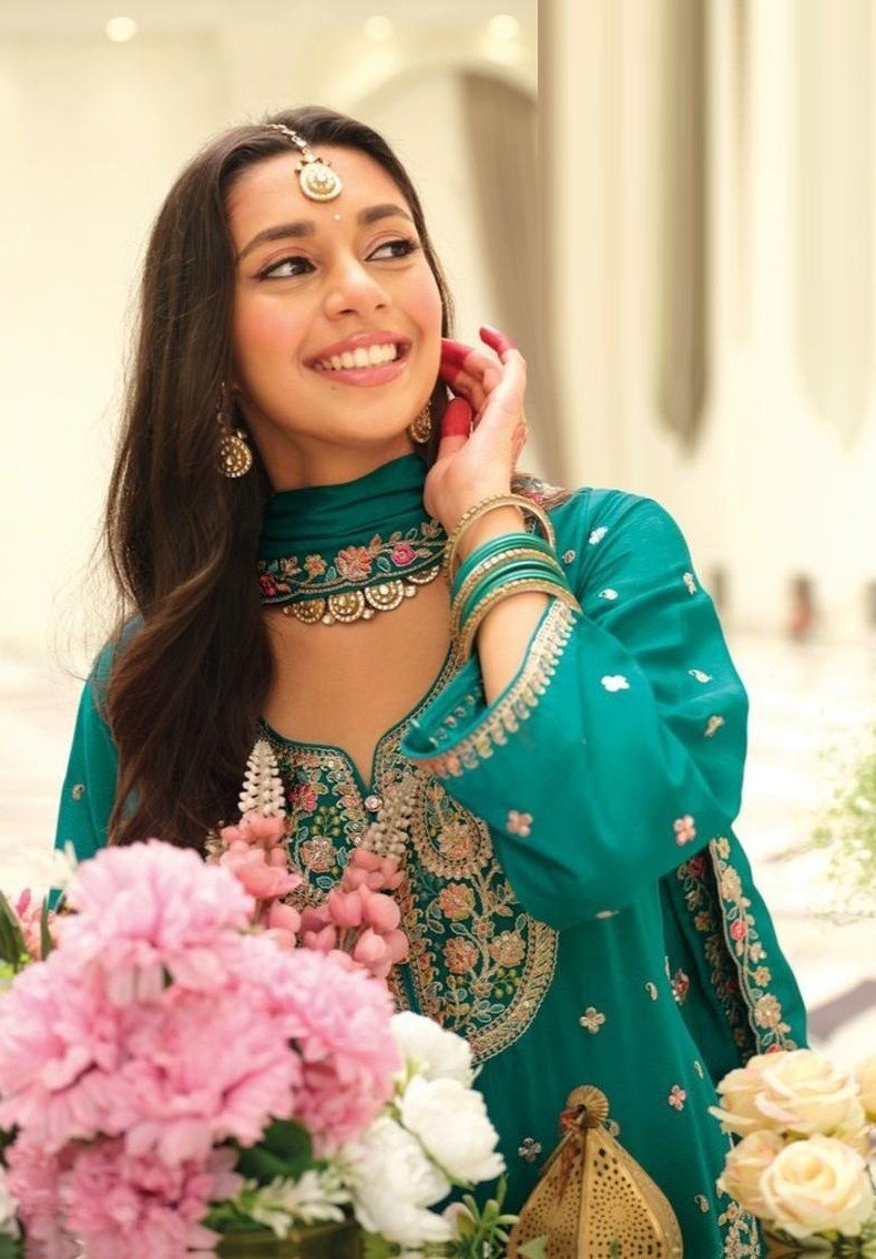 Fierce Teal Blue Chinon Palazzo Salwar Kameez – 61299-2161