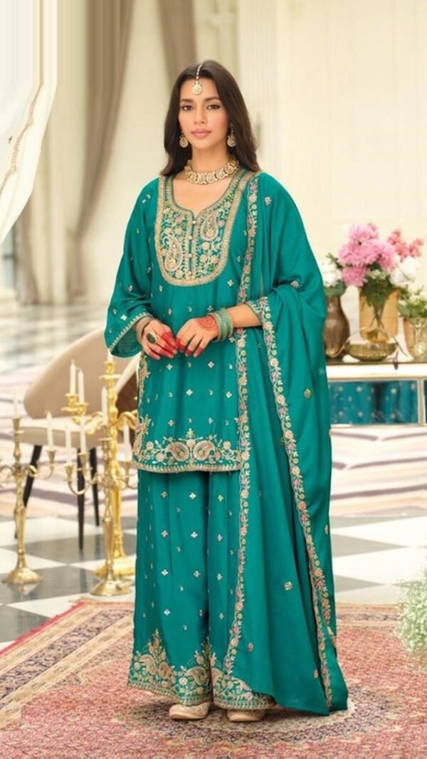 Fierce Teal Blue Chinon Palazzo Salwar Kameez – 61299-2161