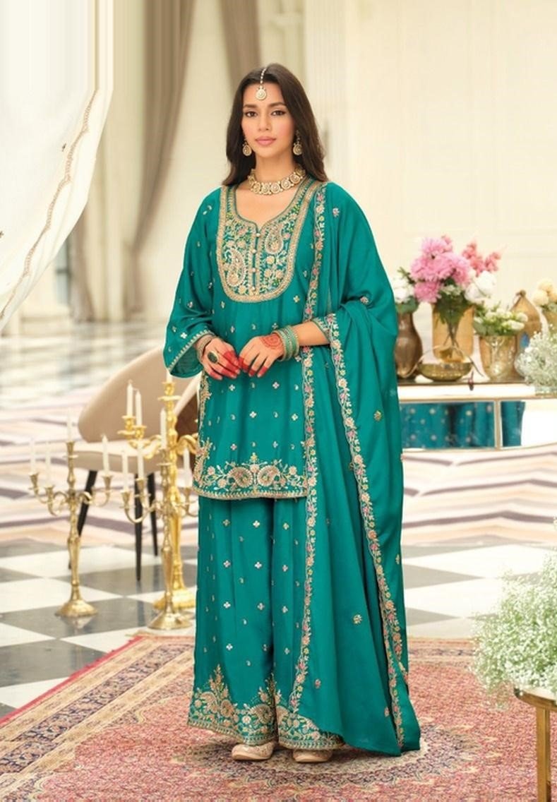 Fierce Teal Blue Chinon Palazzo Salwar Kameez – 61299-2161