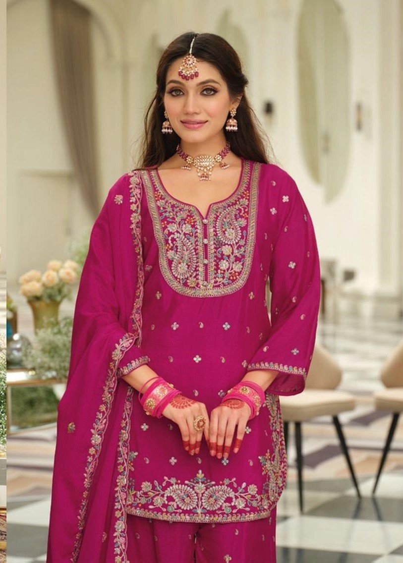 Fabulous Magenta Chinon Palazzo Salwar Kameez – 61299-2162