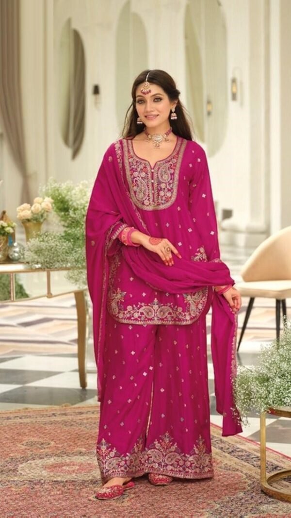 Fabulous Magenta Chinon Palazzo Salwar Kameez – 61299-2162