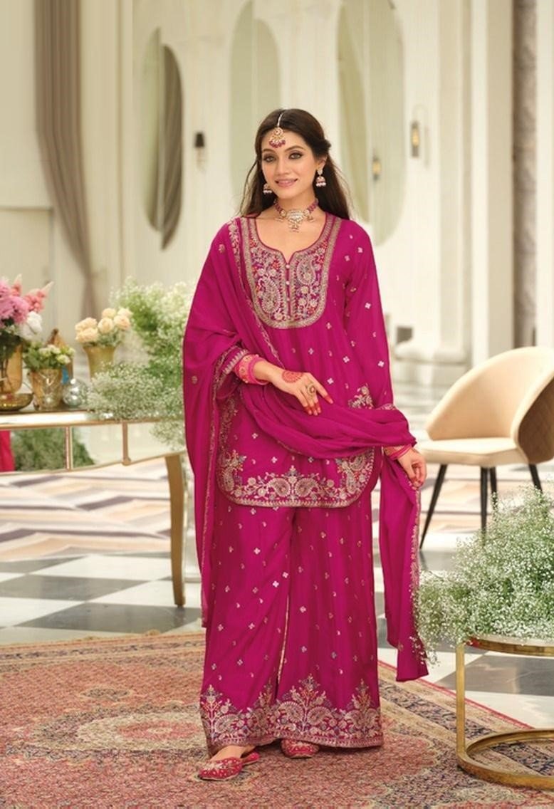 Fabulous Magenta Chinon Palazzo Salwar Kameez – 61299-2162