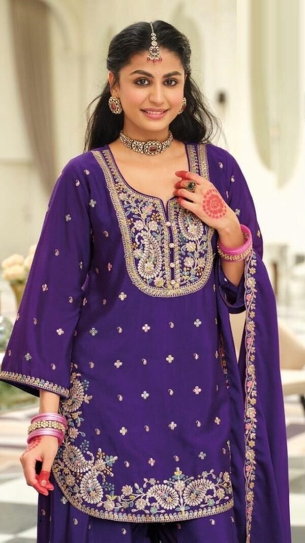 Captivating Violet Chinon Palazzo Salwar Kameez – 61299-2163