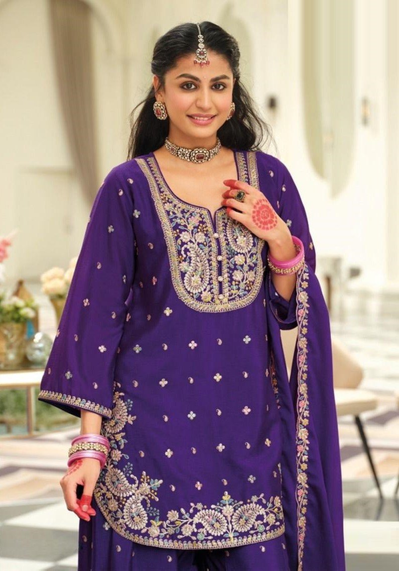 Captivating Violet Chinon Palazzo Salwar Kameez – 61299-2163