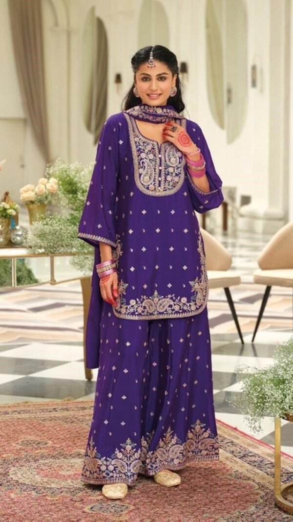 Captivating Violet Chinon Palazzo Salwar Kameez – 61299-2163