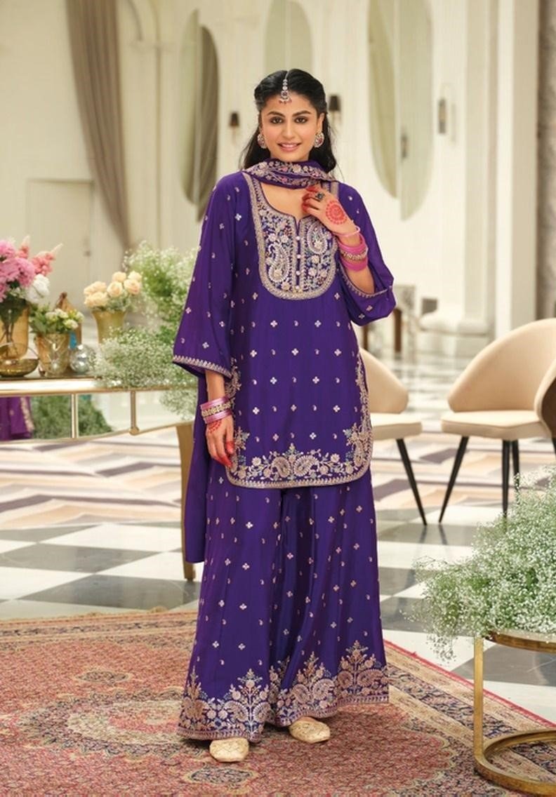 Captivating Violet Chinon Palazzo Salwar Kameez – 61299-2163