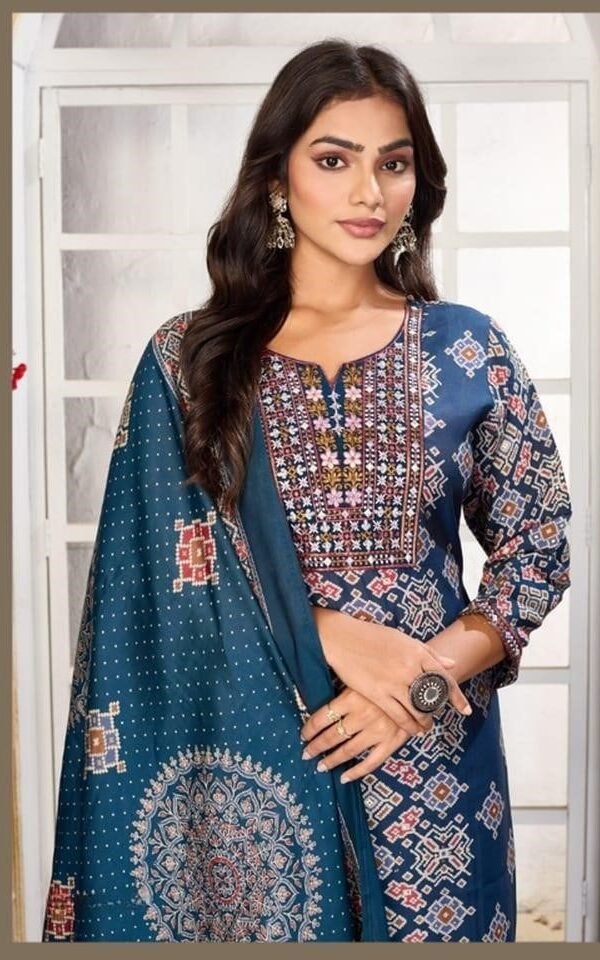 Gleaming Blue Chanderi Straight Salwar Kameez – 61305-1431