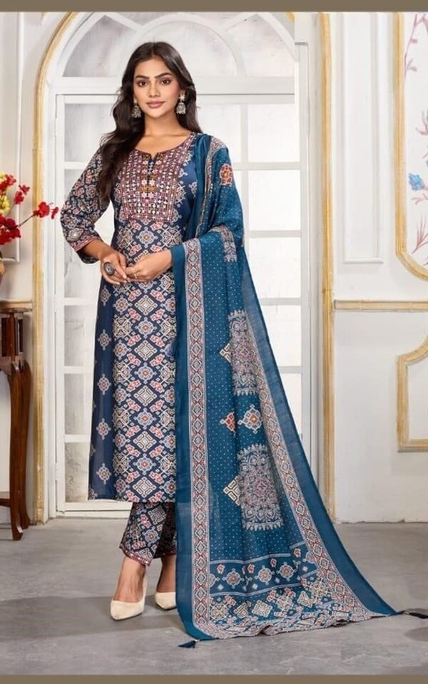 Gleaming Blue Chanderi Straight Salwar Kameez – 61305-1431