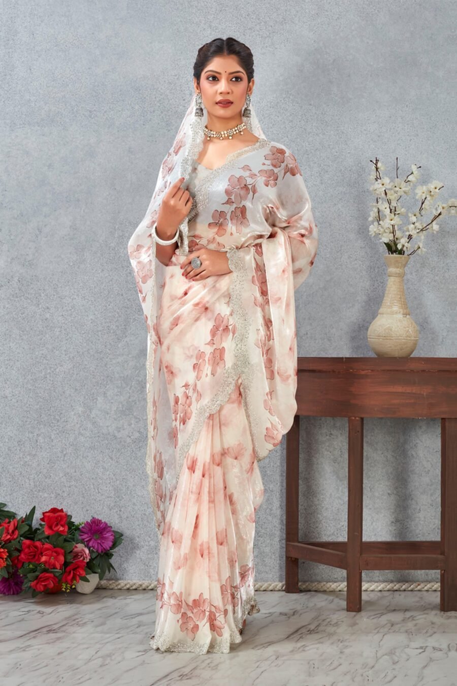 Glamorous White Satin Traditional Saree – 61333-8513